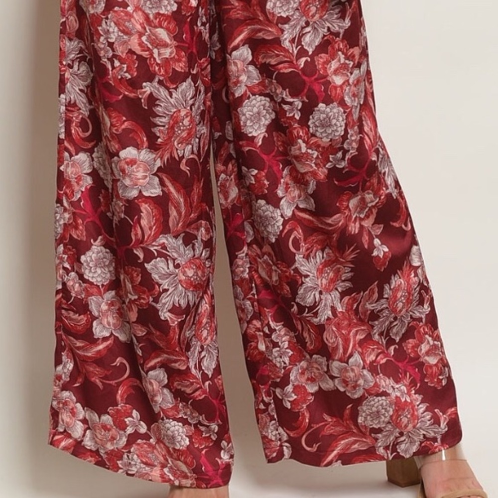 Wine Red Floral Print Lined Wide Leg Strapless Jumpsuit - Picture 5 of 8